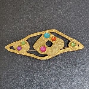VTG 60s 4" Gold Tone Gripoix Cabochon Style Brooch Pin Modernist Glass Gemstones